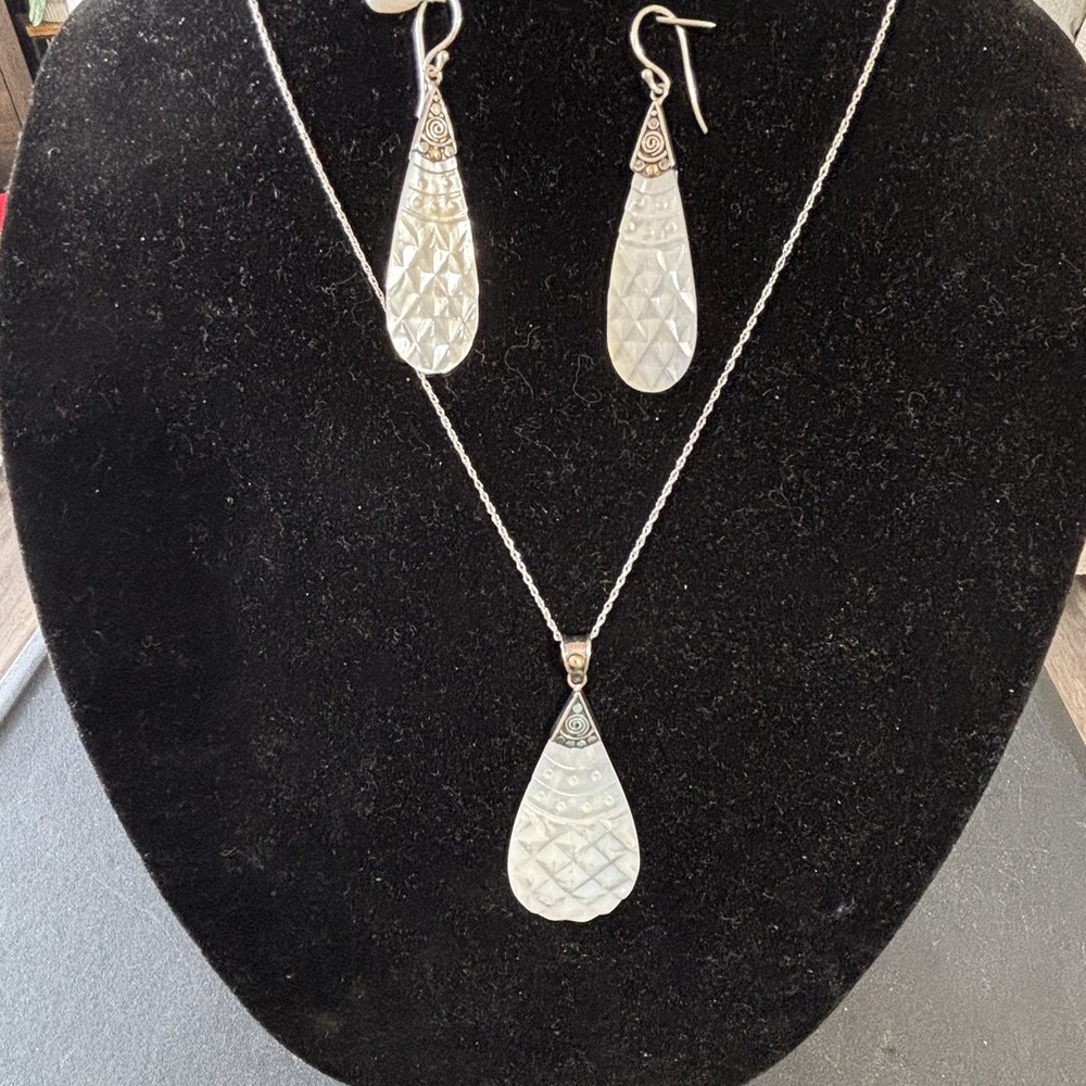 Robert Manse 18K 925 Silver Mother of Pearl Faceted Pendant 20" Chain & Earrings